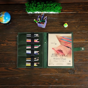 Porta blocco da disegno personalizzato, regali per artisti, portfolio da disegno, copertina in pelle verde bosco per blocco da disegno, regalo personalizzato per pittore, blocco da disegno