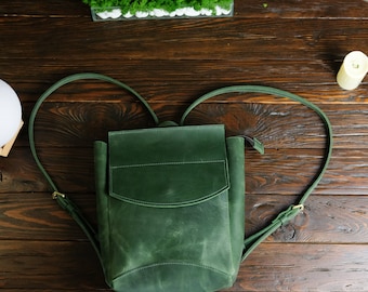 Green Leather Backpack Purse, Small City Rucksack, Gift for Her