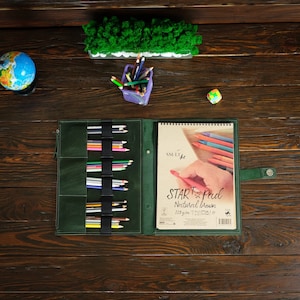 Personalized Sketchbook Holder, Artist Gifts, Drawing Portfolio, Emerald Green Leather Sketchbook Cover, Custom Gift for Painter, Sketch Pad