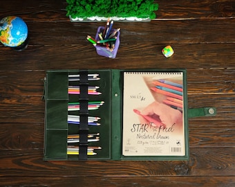 Porta-caderno de desenho personalizado, presente para artistas, portfólio de desenho, capa de couro verde esmeralda, presente personalizado para pintores, bloco de desenho