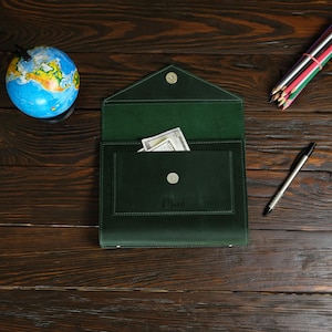 Puede incluir: Una cartera de cuero verde oscuro estilo sobre con solapa, abierta para revelar un bolsillo que contiene efectivo. Un pequeño botón plateado asegura la solapa. Un globo terráqueo, lápices de colores y un bolígrafo también están sobre la superficie de madera.