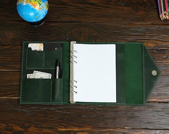 May include: Open green leather binder with a pen, cash, and cards in the pockets. The binder is open to a blank white page. A small globe and colored pencils are on the dark wood surface.
