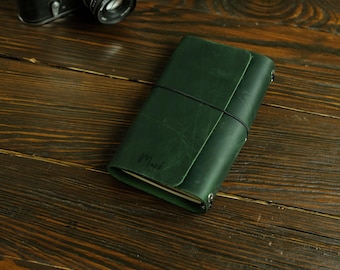 May include: A dark green leather journal with the name "Mark" embossed on the cover. The journal is closed with a black elastic band. A vintage camera is in the background.