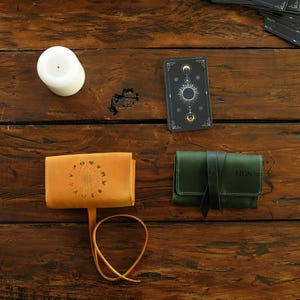 Handmade Leather Tarot Card Holder, Zodiac Design, Wrap Closure