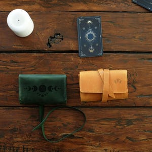 Genuine Leather Tarot Card Pouch, Moon Phases Tarot Deck Case, Spiritual Holder Organizer