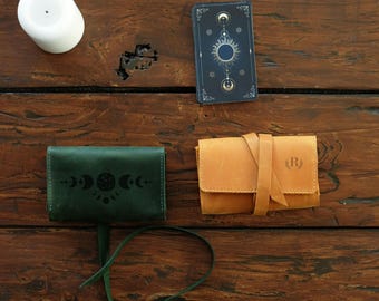 Tarot Card Pouch, Moon Phases Tarot Deck Case, Divination Tools, Leather Tarot Holder Organizer, Custom Spiritual Gift, Witchcraft Supplies