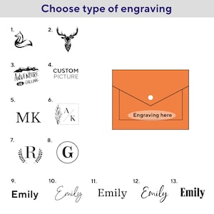 May include: An orange envelope-style product with a button closure, showcasing various engraving options. These include a fox, deer, mountain scene, custom picture, initials, and names like "Emily". The text "Choose type of engraving" is at the top.