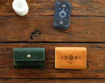 Leather Tarot Cases with Moon Phases Engraving, Tarot Deck Holder, Custom Witch Gift, Spiritual Gifts, Divination Tool, Witchcraft Supplies