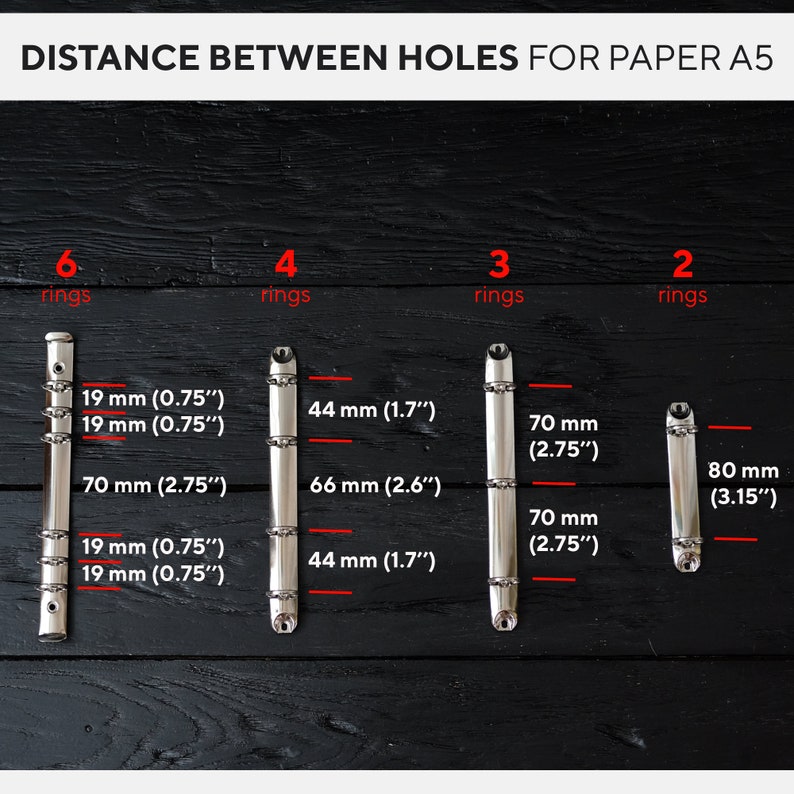 May include: Image showing the distance between holes for A5 paper. Measurements are provided for 6, 4, 3, and 2 ring binders. Measurements are in inches and millimeters.