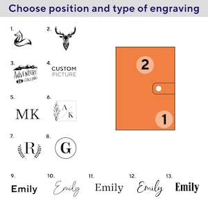 May include: A diagram showing 13 different engraving options for a leather journal. The options include a fox, a deer head, a mountain range with the text "Adventure is Calling", a custom picture, the initials "MK", a floral design with the initials "A/K", a wreath with the letter "R", the letter "G", the name "Emily" in different fonts, and the numbers "1" and "2" in circles. The journal is shown in orange with a flap.