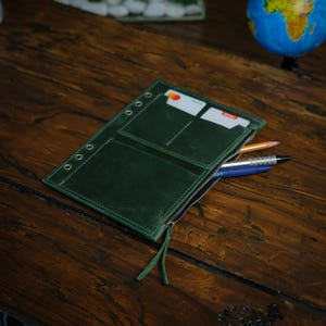 Planificador de cuero A5, recambio de carpeta verde, inserto para cuaderno con ranuras y bolsillo para tarjetas de crédito, guarda, accesorios de almacenamiento para planificadores