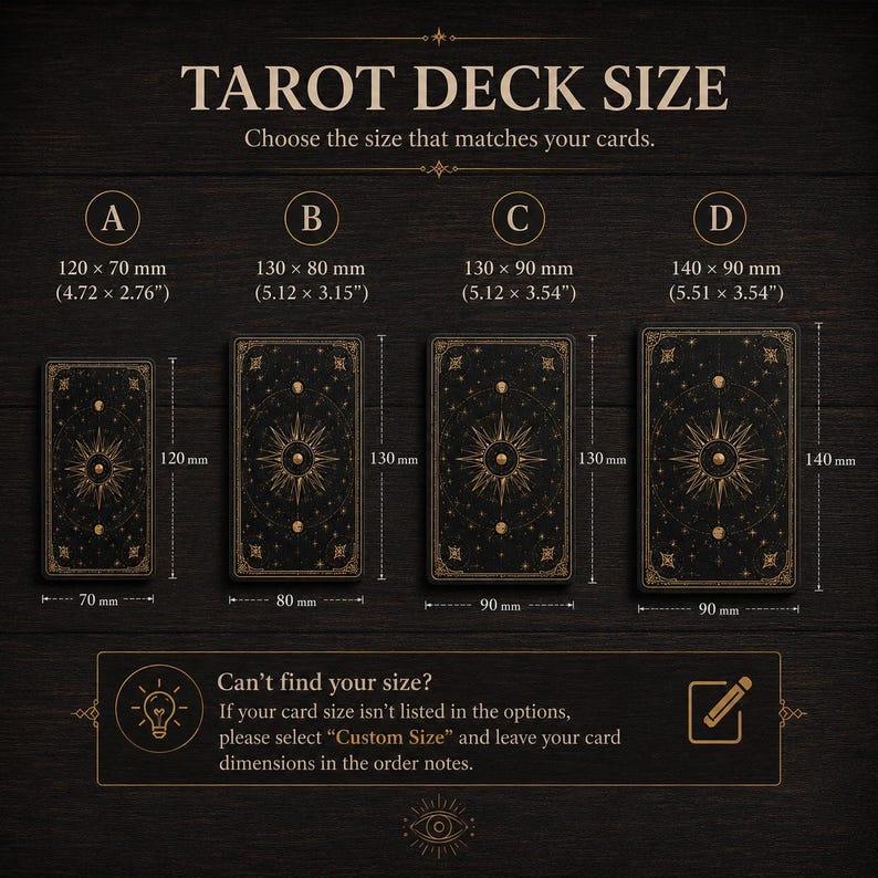 Pode incluir: Um guia de tamanhos de baralhos de tarot com quatro op&ccedil;&otilde;es rotuladas A, B, C e D com dimens&otilde;es em mil&iacute;metros e polegadas. A op&ccedil;&atilde;o A &eacute; 120x70mm, B &eacute; 130x80mm, C &eacute; 130x90mm e D &eacute; 140x90mm. Inclui instru&ccedil;&otilde;es para pedidos de tamanhos personalizados.