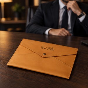 May include: A tan leather document folder with a triangular envelope-style flap and a single metal snap closure. The front of the folder features the name Brad Miller engraved in a dark script font, centered on the flap above the snap button.