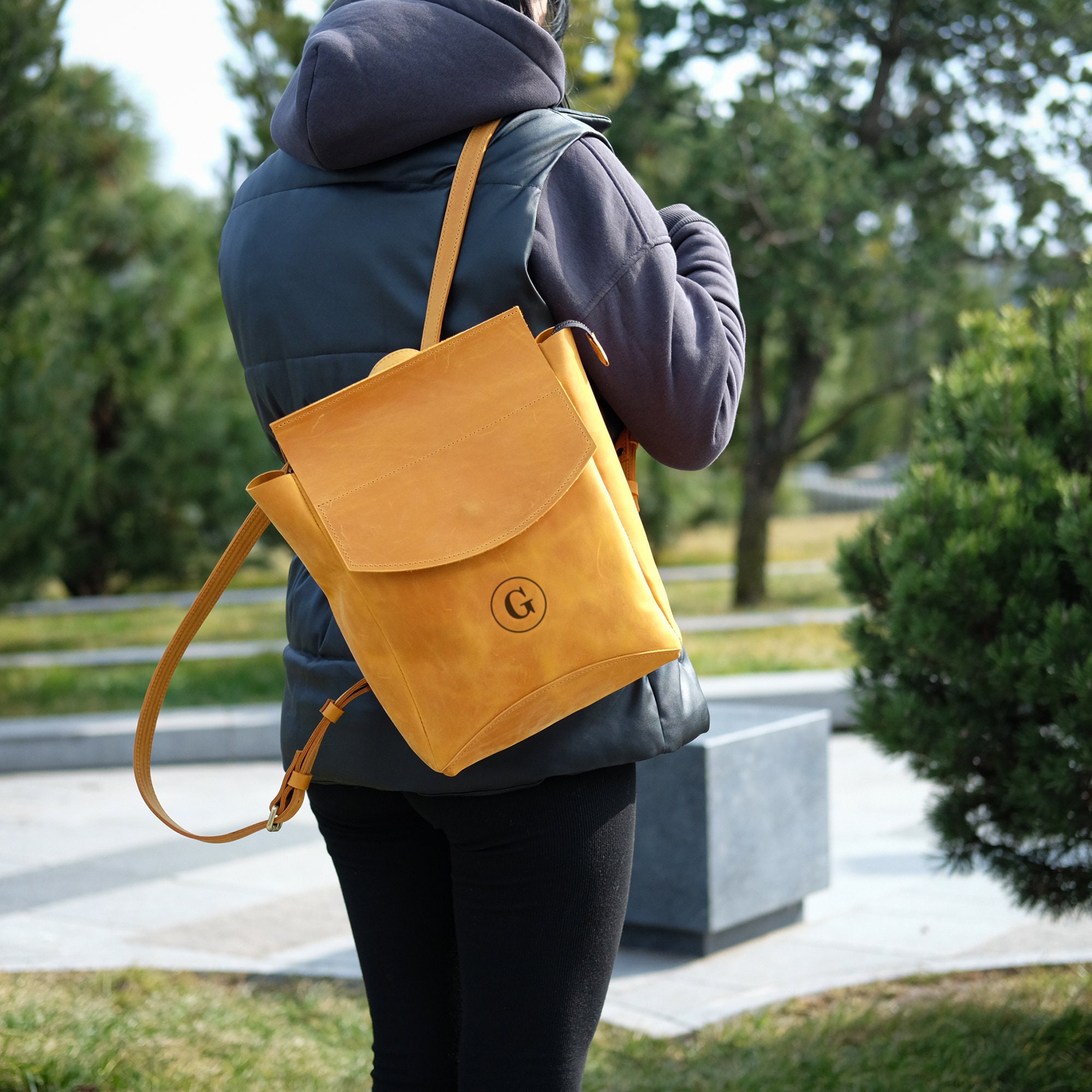 Yellow Leather Backpack Purse, Womens Medium Everyday City 