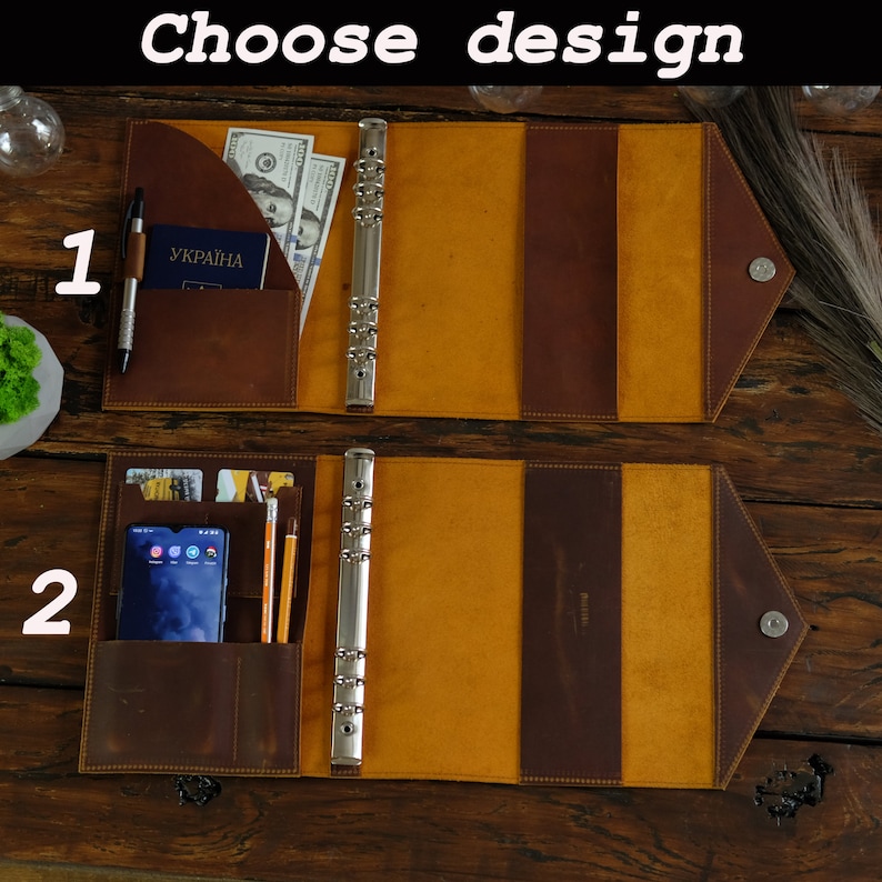 May include: Two open leather binders, each with a different interior design. One has a pocket with a pen, passport, and cash. The other has a phone, cards, and pencils. The text "Choose design" is at the top.
