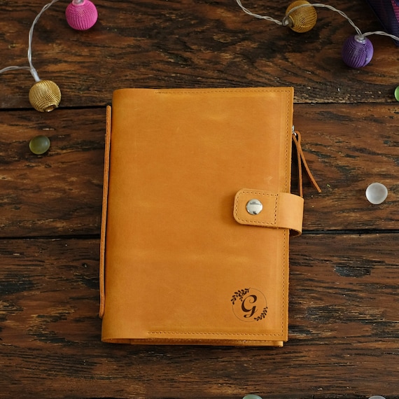 Hand Embossed Camel leather Journal with Button Clasp - 6 Hand Embossed Camel leather Journal with Button Clasp - 6