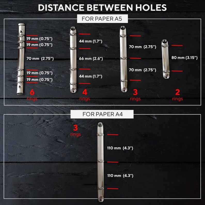 May include: A diagram showing the distance between holes for different sizes of paper punch binders. The diagram shows the distance between holes for 2, 3, 4, and 6 ring binders for A5 paper and 3 ring binders for A4 paper. The measurements are in millimeters and inches.