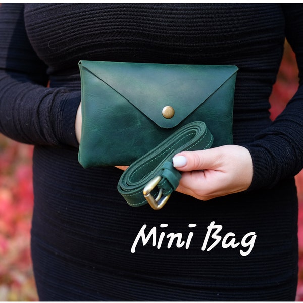 Slim belt bag, Small leather waist bag, Green leather fanny pack for women, Mini hip bag, Phone bag, Waist purse for her, Waist pouch