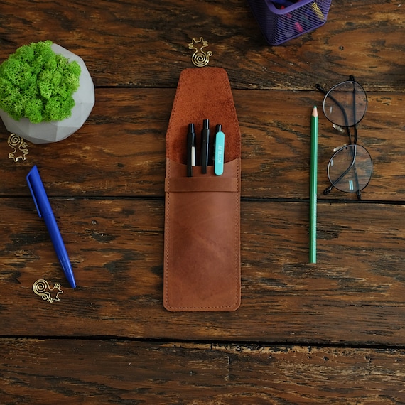 Personalized Leather Pencil Case Holder, Flap Pen Sleeve, Minimalist Pen Pouch Case, Coworker Gift