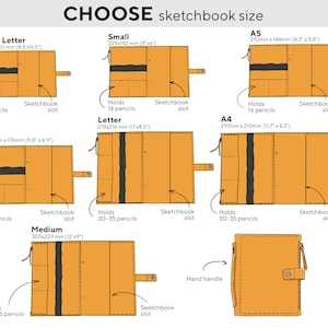 Pode incluir: Diagrama mostrando diferentes tamanhos de estojos para cadernos de desenho, com medidas em polegadas e mil&iacute;metros. Os estojos s&atilde;o laranja com detalhes pretos e t&ecirc;m um espa&ccedil;o para um caderno de desenho e um porta-l&aacute;pis. Os tamanhos incluem Half Letter, Small, Letter, B5, Medium, A5 e A4.