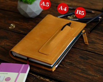 Personalized Leather Notebook Cover A5, Moleskin, Hobonichi Cousin Cover with Pen Holder