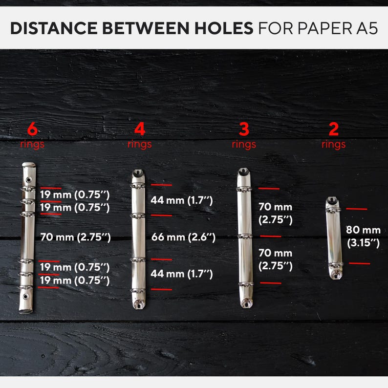 May include: Image showing the distance between holes for A5 paper. Measurements are provided in inches and millimeters for 6, 4, 3, and 2 ring binder mechanisms. The text reads "DISTANCE BETWEEN HOLES FOR PAPER A5".