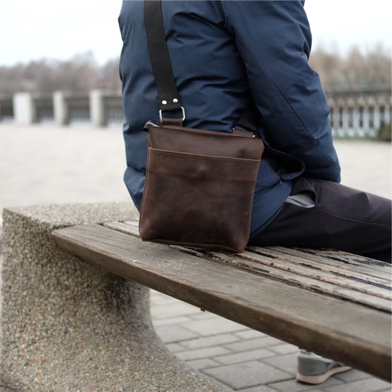 Mens Crossbody Bag Real Leather Brown Shoulder Bags for Men 