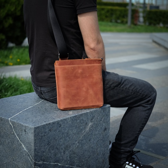 Navy Leather Crossbody Bag for Man Leather Cross Body Mens Bag with Pocket Small Crossover Purse Side Shoulder Bag Crossbody pouch