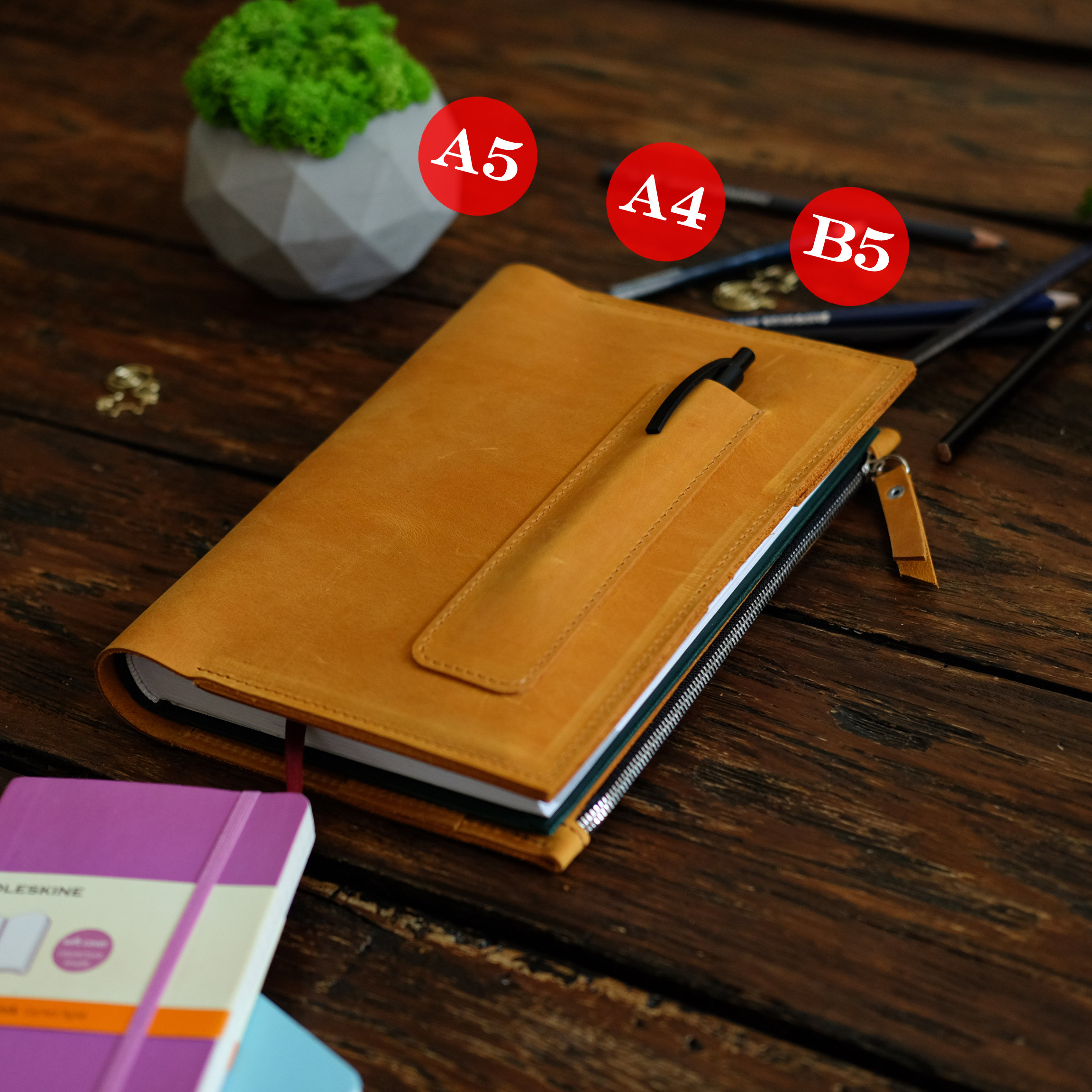 Personalized Leather Notebook Cover A5, Moleskin, Hobonichi Cousin With Pen Holder, Gift For Dad