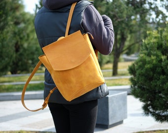 Medium leather backpack purse for women, Everyday city bag, Zipper leather satchel, Leather college bag, Yellow rucksack, Book bag gift