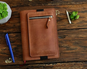 Gepersonaliseerde leren etui met ritssluiting, afneembaar pennenzakje voor notebook, cadeau voor leraar