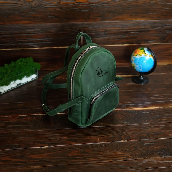 emerald green mini backpack Emerald Green Leather Backpack Purse for Women, Distressed Leather Daypack  With Engraving, Custom Daily Rucksack, Small Everyday Bag for Her