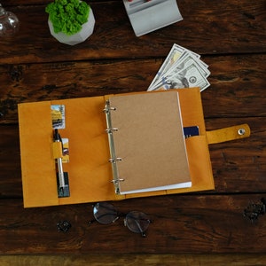 May include: A yellow leather bound journal with a brown paper insert, a pen, and a card holder. The journal is open and lying on a wooden table with a stack of dollar bills and a pair of glasses.