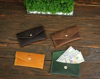 Personalized Genuine Leather Money Envelope Holder, Cash Stuffing Wallet