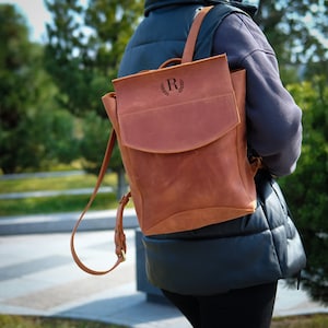 Medium Leather Backpack for College Students, Personalized Rucksack, Small Satchel, City Backpack Purse, Minimalist Book Bag with Name