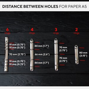 May include: A comparison of different binder ring sizes for A5 paper. The image shows four rows of binder rings with measurements in millimetres and inches. The rings are arranged from left to right with 6 rings, 4 rings, 3 rings, and 2 rings.