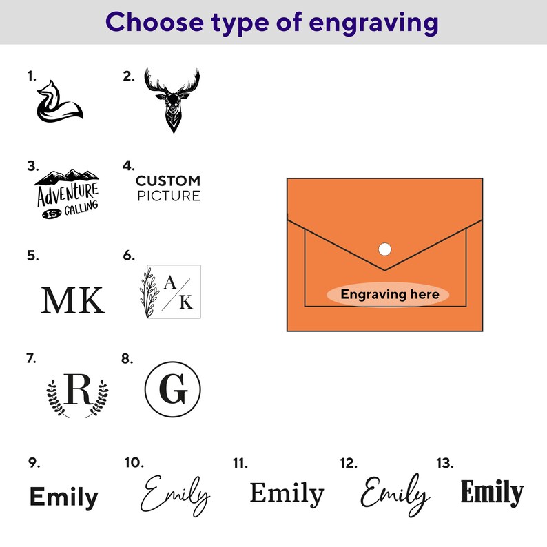 May include: A graphic displaying 13 different engraving options for a product. The options include a fox, a deer, a mountain range with the text "Adventure is Calling", a custom picture, the initials "MK", a floral design with the initials "A/K", a wreath with the letter "R", the letter "G", the name "Emily" in four different fonts, and a blank space with the text "Engraving here".