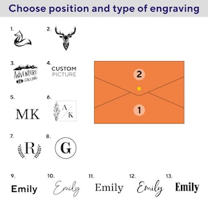 May include: A diagram showing 13 different engraving options for a personalized wooden box. The options include a fox, a deer head, a mountain range with the text "Adventure is Calling", a custom picture, the initials "MK", a floral design with the initials "A/K", a wreath with the letter "R", the letter "G", the name "Emily" in block letters, the name "Emily" in cursive, and the name "Emily" in a handwritten style.