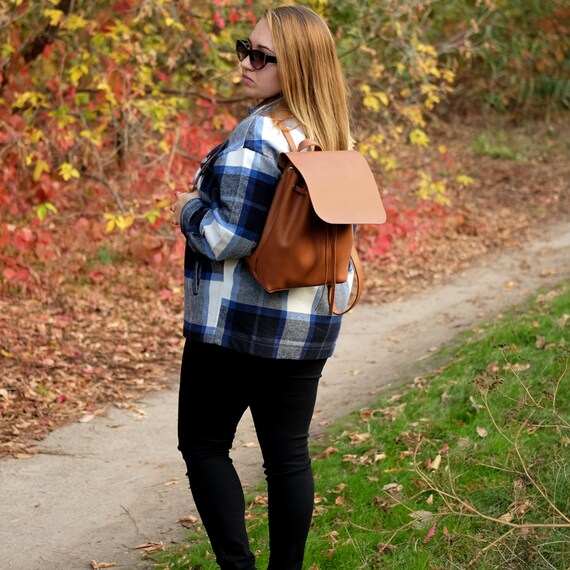 Leather Bucket Backpack With Flap Drawstring Backpack Women