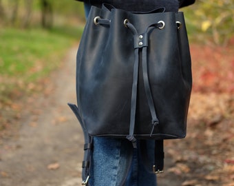 Leather drawstring backpack women, Leather backpack for women, School backpack, Bucket bag, Rucksack with flap, Sack bag, Handmade bag