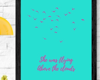 Digitale muurposter "Ze vloog boven de wolken" direct te downloaden, preppy wanddecoratie