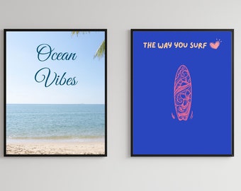 Instant download digitale muurposters set van 2, kalmerende kunst aan de muur, surfkunst aan de muur, oceaanvibes