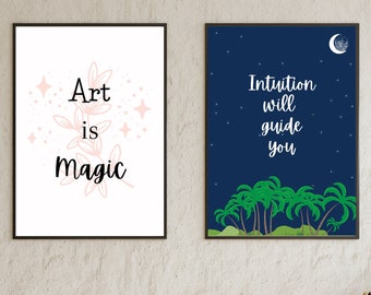 Directe download digitale muurposters set van 2, zon en maan muurkunst, hawaï kunst aan de muur, zen muurkunst