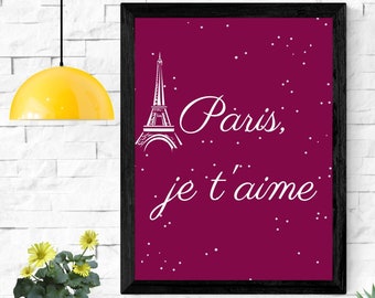 Digitale muurposter "Paris, je t'aime", Parijs, ik hou van je, de Eiffeltoren, direct downloaden