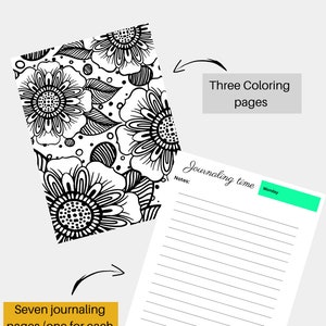 Puede incluir: Kit de planificador imprimible con un dise&ntilde;o floral en blanco y negro, siete p&aacute;ginas de diario y tres p&aacute;ginas para colorear. El kit incluye una p&aacute;gina para llevar un diario cada d&iacute;a de la semana y una secci&oacute;n de notas. El texto "Journaling time" y "Monday" es visible en la p&aacute;gina.