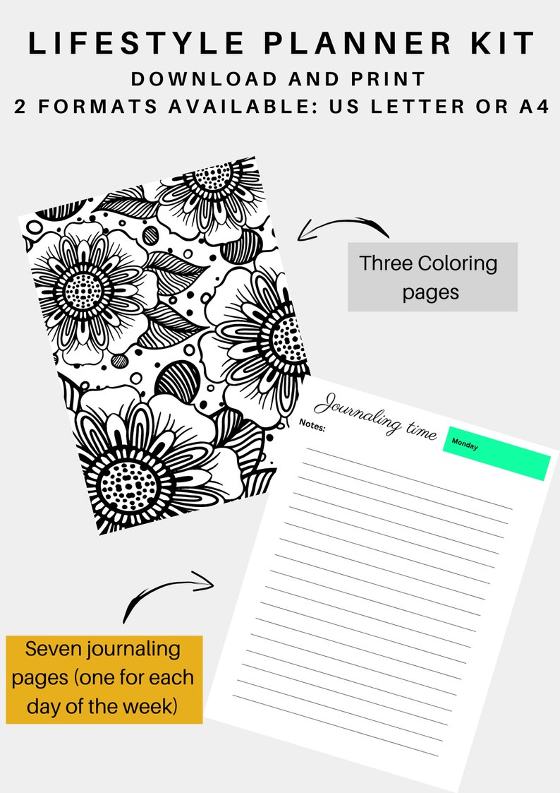 Puede incluir: Kit de planificador imprimible con un dise&ntilde;o floral en blanco y negro, siete p&aacute;ginas de diario y tres p&aacute;ginas para colorear. El kit incluye una p&aacute;gina para llevar un diario cada d&iacute;a de la semana y una secci&oacute;n de notas. El texto "Journaling time" y "Monday" es visible en la p&aacute;gina.