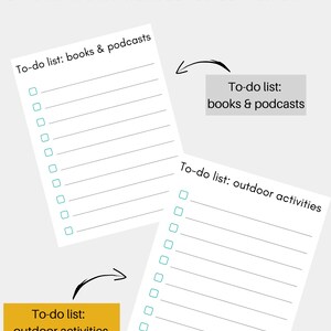Puede incluir: Kit de planificaci&oacute;n de lista de tareas imprimibles con dos listas diferentes: libros y podcasts y actividades al aire libre. Las listas est&aacute;n formateadas con casillas de verificaci&oacute;n y l&iacute;neas para escribir.