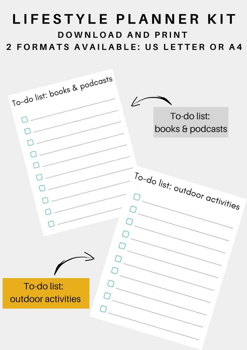 Puede incluir: Kit de planificaci&oacute;n de lista de tareas imprimibles con dos listas diferentes: libros y podcasts y actividades al aire libre. Las listas est&aacute;n formateadas con casillas de verificaci&oacute;n y l&iacute;neas para escribir.