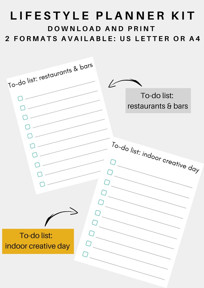 Puede incluir: Kit de planificador de lista de tareas imprimibles con dos listas diferentes: "restaurantes y bares" y "d&iacute;a creativo en interiores". Las listas est&aacute;n formateadas con casillas de verificaci&oacute;n y l&iacute;neas para escribir.