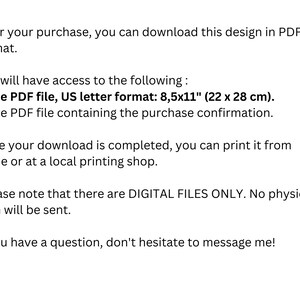 May include: A digital download listing for a printable PDF file in US letter format (8.5x11 inches, 22 x 28 cm). The listing includes a printable design and a purchase confirmation.